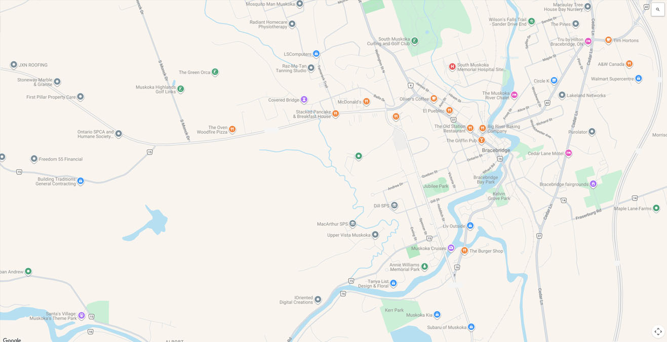 Map of Bracebridge showing nearby streets and 224 Maple location